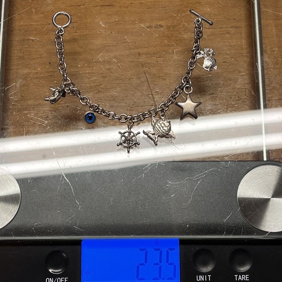Sterling Silver Charm Bracelet Elephant Ships Wheel Fish Star USMC Vintage 1990s - Picture 8 of 16